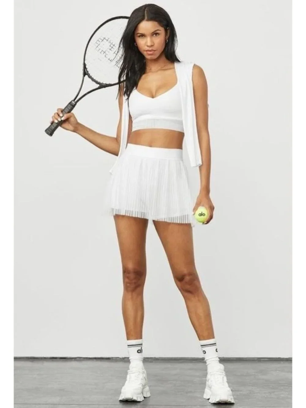Alo Mesh Flirty Tennis Skirt White Sheer Transparent See-Through Pleated Skort
